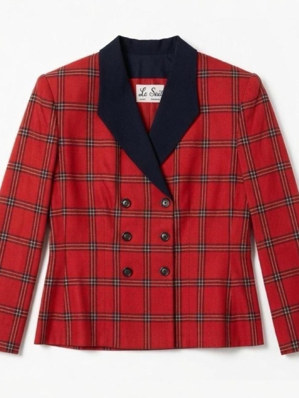 Le Suit Red Plaid Double-Breasted Blazer with Navy Collar
